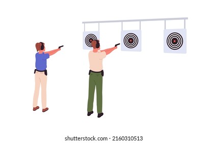 Man And Woman At Shooting Range, Aiming At Target With Pistol Guns. Shooters Holding Handguns In Hands, Pointing At Goal With Firearm Weapon. Flat Vector Illustration Isolated On White Background