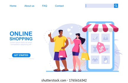 A man and woman shop with summer discount at mobile application store. Online shopping concept, perfect for web design, banner, mobile app or landing page. Scalable and editable vector illustration.