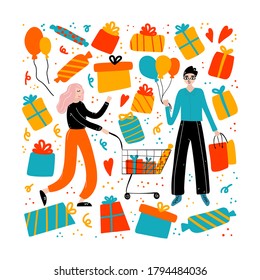 Man and woman shopper with shopping package. Modern male character with gifts and box presents with wrapping paper and balloon in supermarket or mall, flat doodle vector isolated cartoon illustration