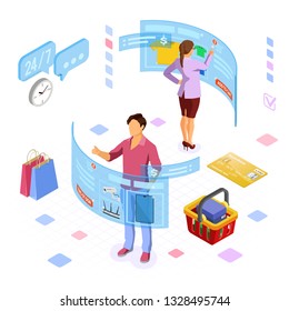 Man and woman shopping with augmented virtual reality touches transparent screens. isometric future technology. isolated vector illustration