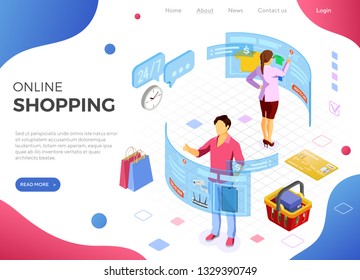 Man and woman shopping with augmented virtual reality touches transparent screens. isometric future technology. landing page template. isolated vector illustration