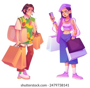 Man and woman with shopping bags isolated on white background. Vector cartoon illustration of anxious sweaty guy with paper packages, stylish girl with smartphone, retail business, discounts at mall