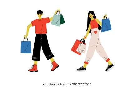Man and Woman with Shopping Bags Making Purchase in Shopping Mall Vector Set