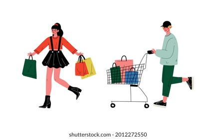 Man and Woman with Shopping Bags Making Purchase in Shopping Mall Vector Set