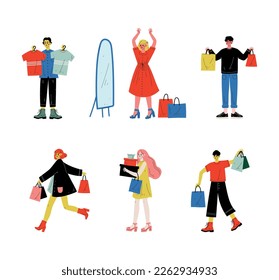 Man and Woman with Shopping Bags Making Purchase in Shopping Mall Vector Set