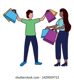 man and woman with shopping bags vector illustration