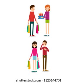 Man and woman with shopping bags. Young people standing with shopping bags. Illustration isolated on white background in flat style.
