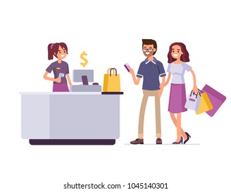 Hombre y mujer comprando en una tienda de ropa y pagando con tarjeta. Ilustración vectorial de estilo plano aislada en fondo blanco.