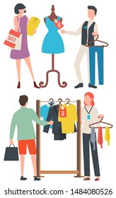 Man and woman shopping clothes, choosing t-shirt, suit and tie. Woman with package, dress on mannequin, discount on old collection, retail. Vector illustration in flat cartoon style