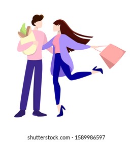 Man and woman shopping. Couple at grocery and fashion store. Customer with shopping bags. Isolated flat vector illustration