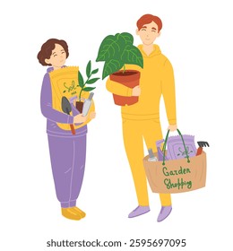 Man and woman shopping in garden store in flat cartoon design. Happy buyers holds houseplant and bag with soil mix packages, seedlings, spray bottles and other gardening tools. Vector illustration