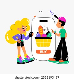 Hombre Y Mujer Compras En Línea Con Smartphone En Ilustración vectorial Plana Que Simboliza Compras De Comestibles En Línea, Conveniencia Y Tecnología, Aislado Sobre Fondo Blanco