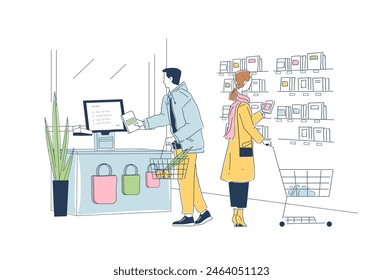 Man and a woman shopping in supermarket and making a payment at self-service checkout counter. Modern technologies, innovations, digital transactions concept. Line art style flat vector illustration