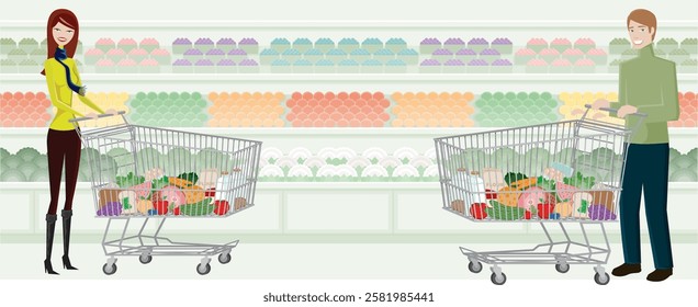 a man and woman are shopping in a supermarket vector illustration