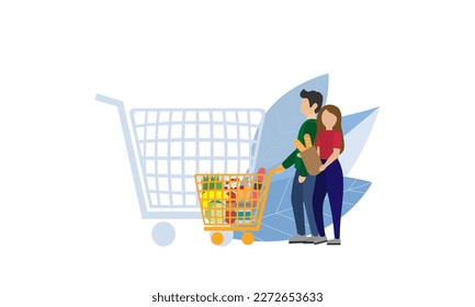 A man and a woman are shopping. Vector illustration.