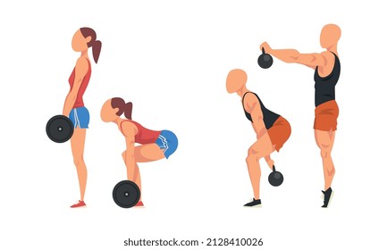 Hombre y mujer en pantalones cortos haciendo entrenamiento deportivo y ejercicio de fuerza levantando Kettlebell y juego de vectores Barbell