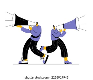 Man and woman shout into megaphone. Funny vector illustration in modern style on theme of attracting attention and hiring.