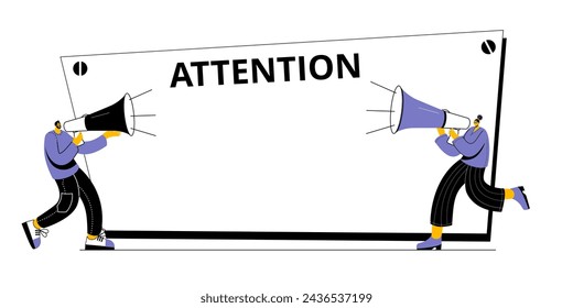 A man and a woman shout into megaphones and draw attention to the advertisement. Vector banner for posting important information.