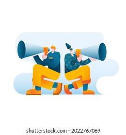 A man and a woman are shouting through megaphones. Vector illustration in a flat style on the topic of finding and attracting listeners.