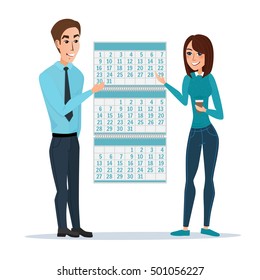man and woman show Deadline and calendar, time and time running out, timeline and due date, business deadline, work office job. Vector illustration isolated on white background in flat style.