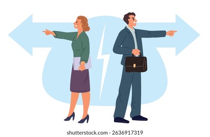 Man and woman show different business direction. Team conflict. Teamwork problem. Couple misunderstanding. Pointing forefinger gestures. Collogues disagreement. Opposite way choose. Vector concept
