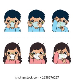 Man and woman show how to wear disposable face mask, step by step ,cute cartoon style and isolate on white background