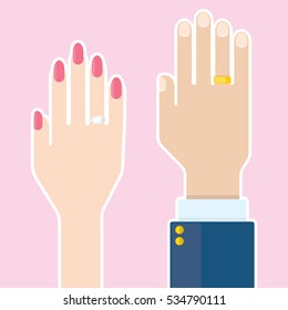 Un hombre y una mujer muestran sus anillos de boda en su gran día. Esta simple ilustración vectorial de una mano masculina y femenina está en un fondo rosado.