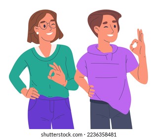 Hombre y mujer muestran señales correctas. Mezcla emocionada con gestos positivos, gente sonriente feliz lenguaje corporal ilustración vectorial plana sobre fondo blanco