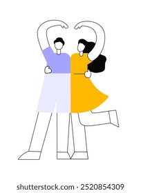 Homem e mulher mostram sinais de coração e amor com as mãos. Ilustração em plano vetorial