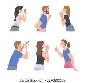 Man and Woman Showing Heart Gesture and Clapping Hands as Social Media Follower and Subscriber Showing Adoration Vector Set