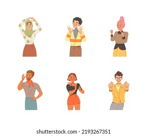 Man and Woman Showing Positive Hand Gesture Feeling Happiness and Excitement Vector Set