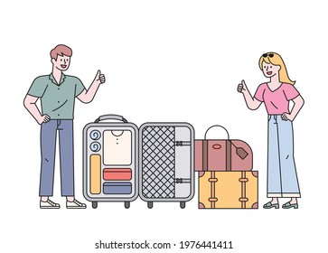 A man and a woman showing a satisfactorily organized bag and raising their thumbs up. flat design style minimal vector illustration.