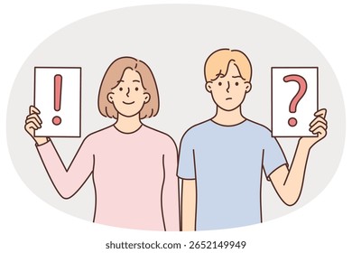 Man and woman showing signs with question and exclamation marks for concept of disagreement between spouses. Guy and girl having disagreements about way to solve problems that have arisen