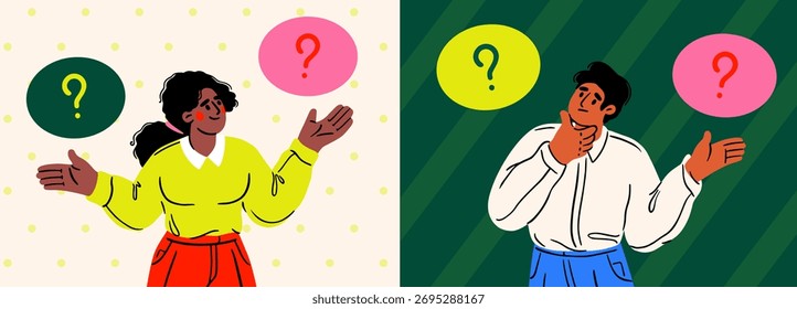 A man and woman shown thinking with question marks above their heads, cartoon style, on light and dark backgrounds. Concept of decision making. Vector illustration