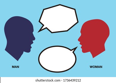 Man And Woman Side Face Silhouette Talk With Speech Bubble, Vector Illustration 