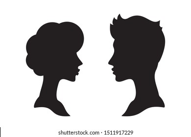 Man and woman side profile head silhouettes, couple therapy or psychotherapy concept. Face to face profiles, portraits or black and white cameo vector icons