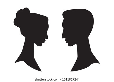 Man and woman side profile head silhouettes, couple therapy or psychotherapy concept. Face to face profiles, portraits or black and white cameo vector icons
