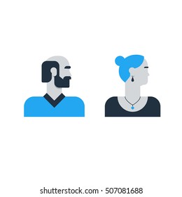 Man, woman side view, half face head, old elderly family couple, clients. Flat design vector illustration. People character turned head
