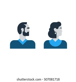 Man, Woman Side View, Half Face Head, Clerk Service, Teacher, Office Staff. Flat Design Vector Illustration. People Character Turned Head