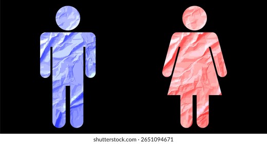 Man and woman sign icon in wrinkle paper concept vector, a unique take on gender representation with a textured, aged feel. Ideal for social themes, vintage designs, or toilet bathroom lavatory