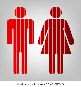 Man and woman sign illustration. Vector. Vertically divided icon with colors from reddish gradient in gray background with light in center.