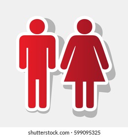Man and woman sign illustration. Vector. New year reddish icon with outside stroke and gray shadow on light gray background.