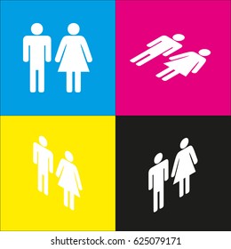 Man and woman sign illustration. Vector. White icon with isometric projections on cyan, magenta, yellow and black backgrounds.