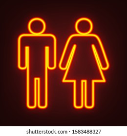 Man and woman sign illustration. Yellow, orange, red neon icon at dark reddish background. Illumination. Illustration.