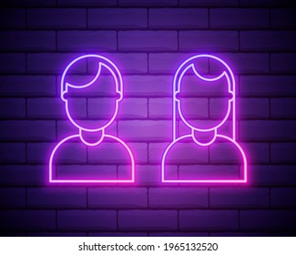 Man and woman sign neon pink bright linear outline symbol icon vector illustration isolated on brick wall.