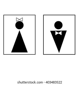 Man and woman sign in white rectangle. Isolated on white background. Man and woman symbol marks. Man and woman sign picture. White sticker vector illustration. Flat vector image. Vector illustration.