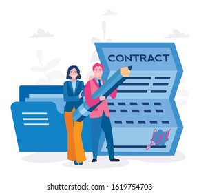 Man woman signed contract or document. Document, folder with stamp and text silhouettes. Vector illustration for web banner, infographics. Contract conditions, research or approval validation document