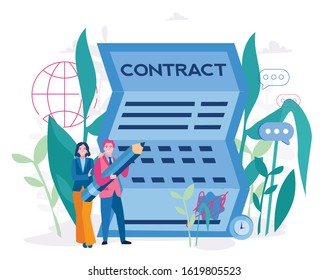 Man woman signed contract or document. Document with stamp and text silhouettes. Vector illustration for web banner, infographics. Contract conditions, research or approval validation document