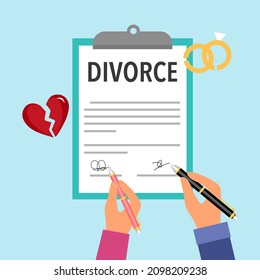 Man and woman signing divorce document. Failure marriage. Love hurts. Breakup relationship. Family problem.