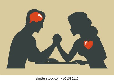Man and woman. Silhouette of Conflict between couple. Heart or brain.